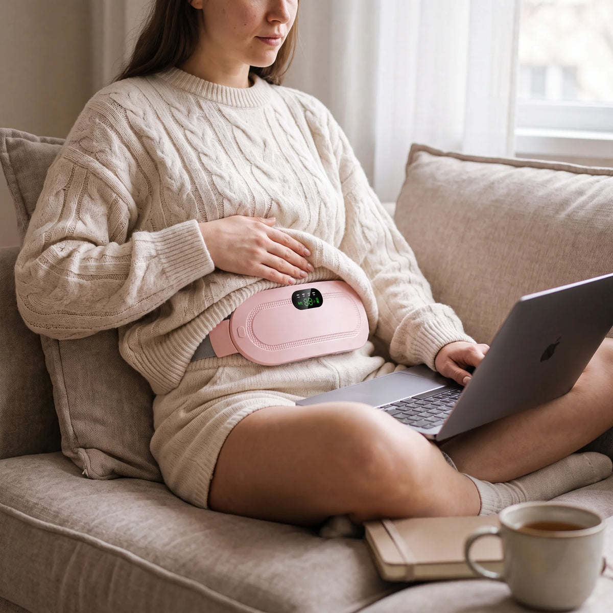 Žena koristi LOVIPAD pojas za menstrualne bolove